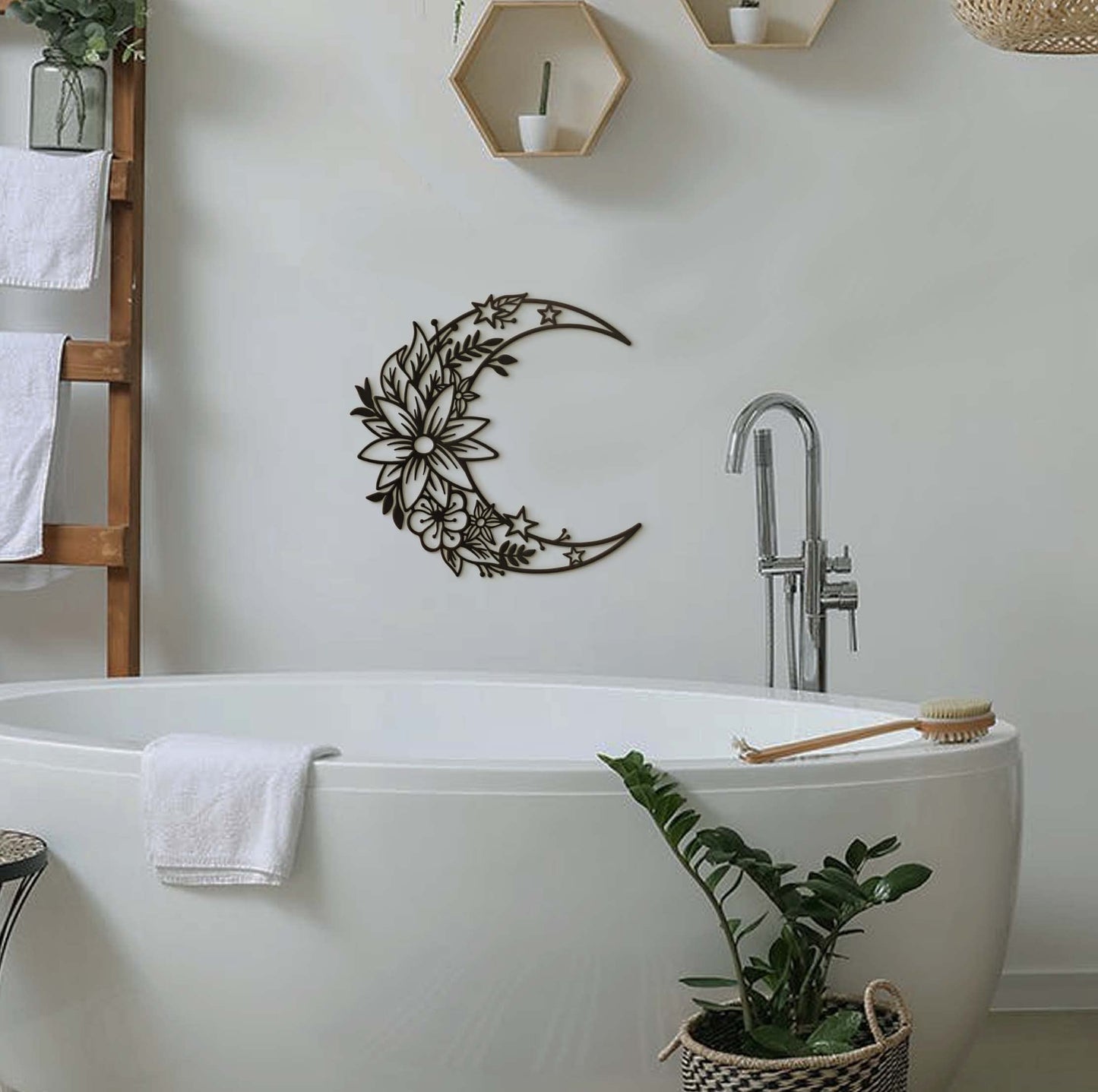 Vivegate Moon Metal Floral Art Decor - 14"X13.5" Black Boho Large Floral and Star Phase Wall Signs for Half Moon Flower Sculpture Hanging Wall Decor for Bedroom