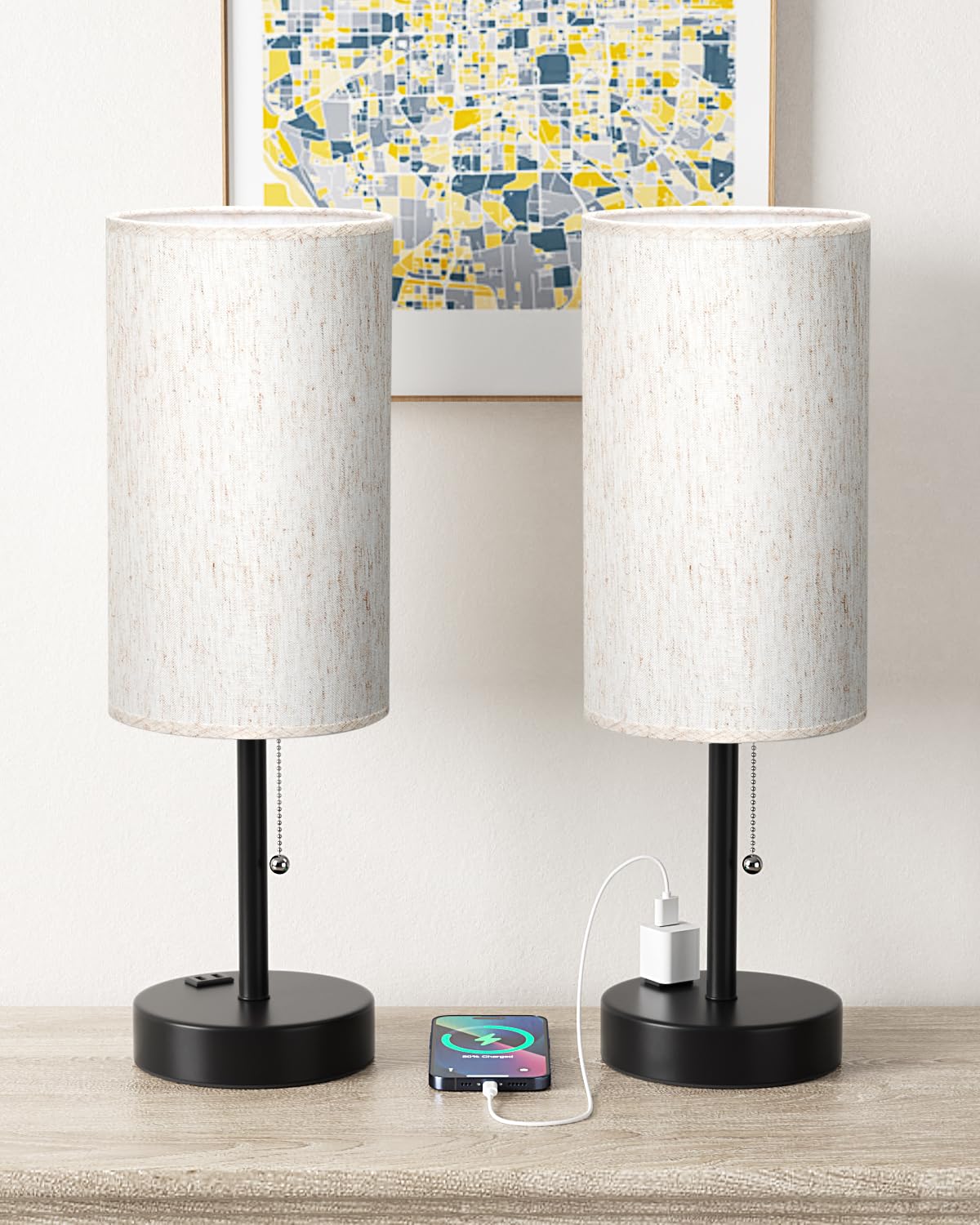 17.4" Large Bedside Table Lamps Set of 2 - 3 Color Temperatures Pull Chain Lamp with AC Outlet Charging Port, Round Night Stand Lamps for Bedroom Guest Room Office, Bed Side Light with E26 LED Bulbs