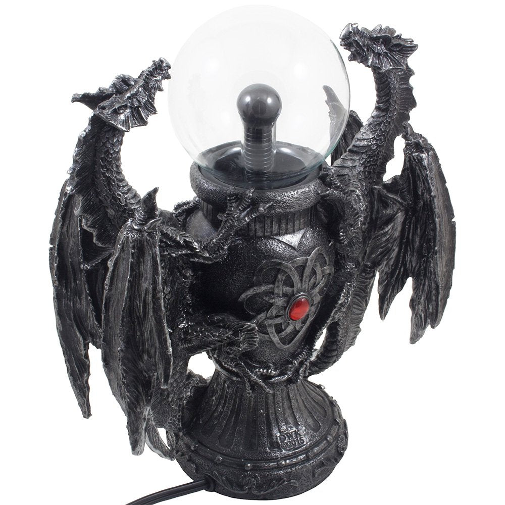 Mythical Guardian Dragon Duo Watching Crystal Ball Table Lamp and Metallic Look Vase Statue for Medieval Home Decor Globe Lights As Enchanting Renaissance Gifts