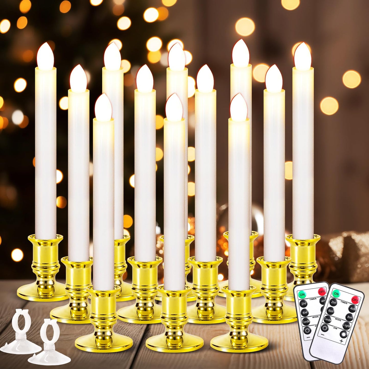 Qmioti 12 Pack Christmas Window Candles, Battery Operated Window Candles with Timer Remote, LED Window Candle with Candle Holders Suction Cups for Christmas Decorations, Gold