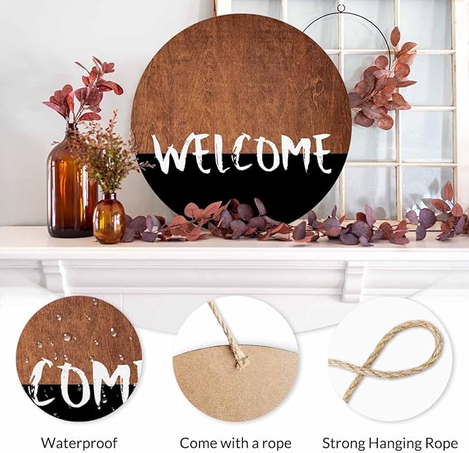 Welcome Sign Front Door Decoration Welcome Brown Wooden Board 12 inch Wooden Hanging Wreath Rustic Style - Home Decor Outdoor