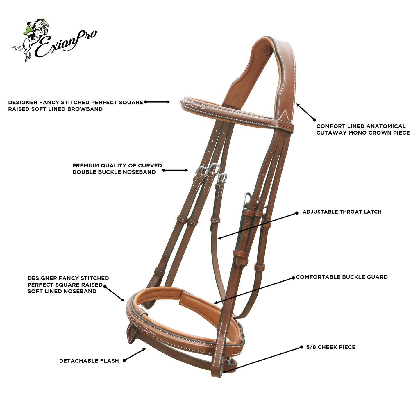 Exion Anatomical Snaffle Jumping Bridle for Horses with Removable Flash Noseband & Rubber Reins – Premium Vegetable-Tanned Leather, Brass Buckles, Padded MonoCrown, Designer Stitching