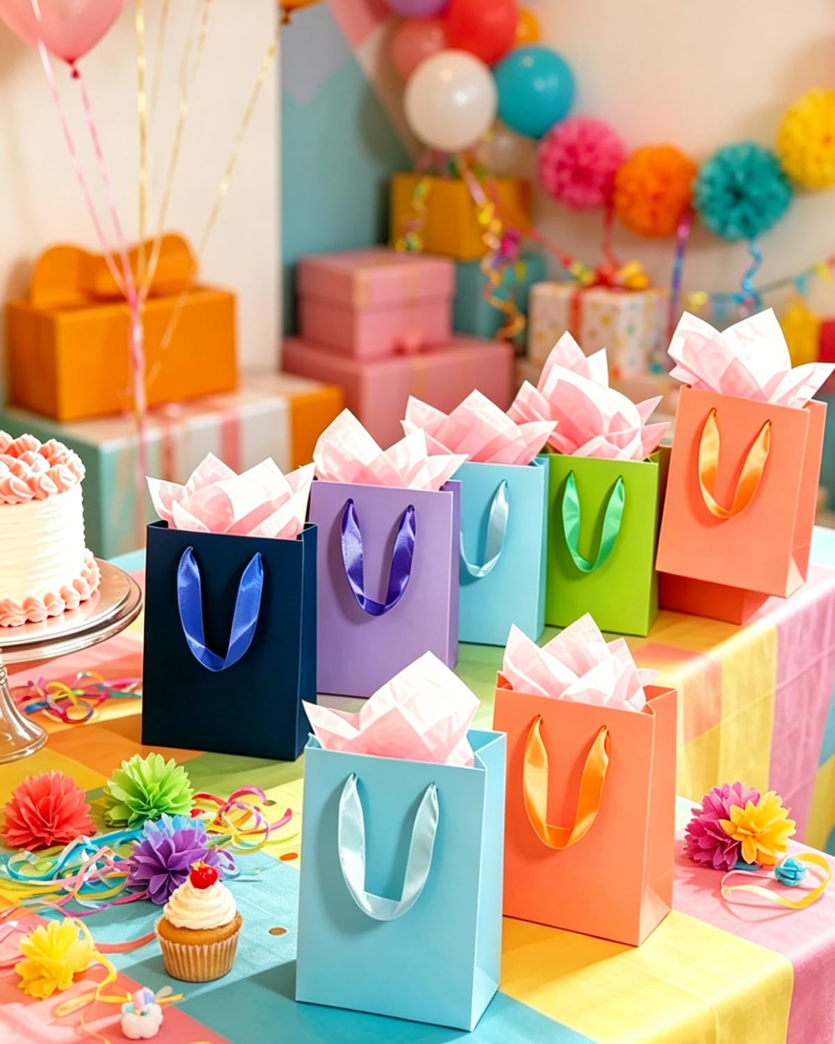 qiqee 16PCS 16 Colors Mini Gift Bags with Tissue Paper Handles 6.3"x4.7"x2.4" Small Size Present Party Favor Bags（ Tissue Paper ）