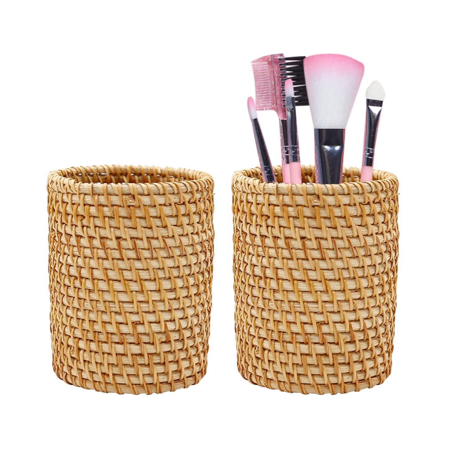 ZUDKSUY 2 Pack Rattan Pencil Holder for Desk Handmade Pen Organizer Bucket Boho Desk Accessories Pen Cup Holder Aesthetic Holder for Desk Cute