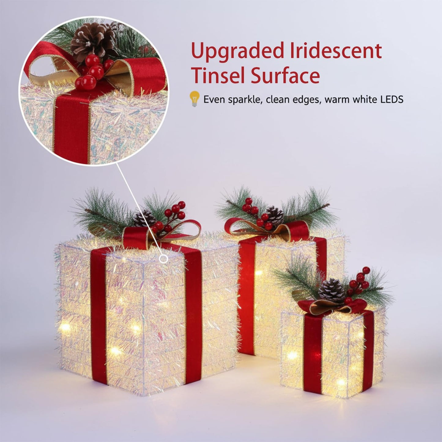 Fulong's Opulent Christmas Lighted Gift Boxes Decor Set of Three Pre-lit LED Presents | Warm White Garden, Porch, Room Decor & Tree Skirt Ornaments | Indoor 60 Lights Set
