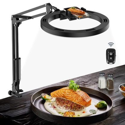 Overhead Camera Mount with Ring Light Phone Holder,10" LED Ring Light for Desk with Stand and Remote for iPhone,Phone Tripod with Light for Video Recording TikTok Live Stream Cooking Kitchen Vlogging