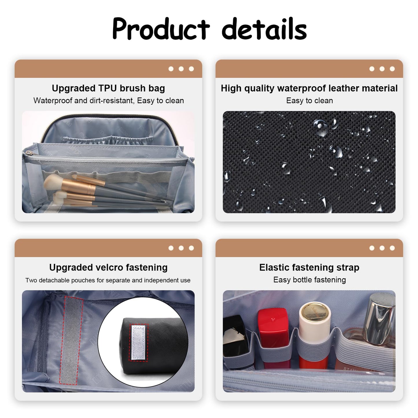 BOYATU Travel Makeup Bag Organizer Cosmetic Bag: 3 Pcs Set Make up Bags for Women with Handle - Waterproof Vegan Leather Toiletry Bags Travel Essentials Pouch with Compartments (A-01-Black)