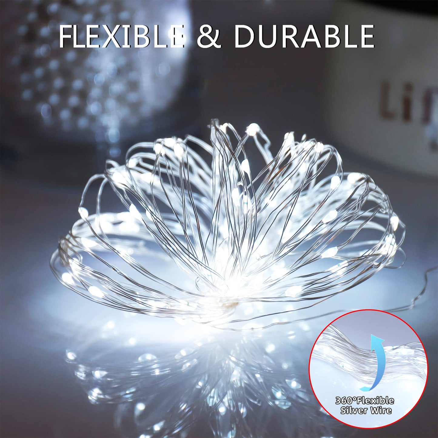 YAOZHOU Solar Fairy String Lights for Outside, Outdoor Waterproof, Cool White 2Pack Total 200LED 66Ft 8 Modes Mini Mini Small Solar Powered Lights for Christmas, Garden, Patio, Fence, Balcony