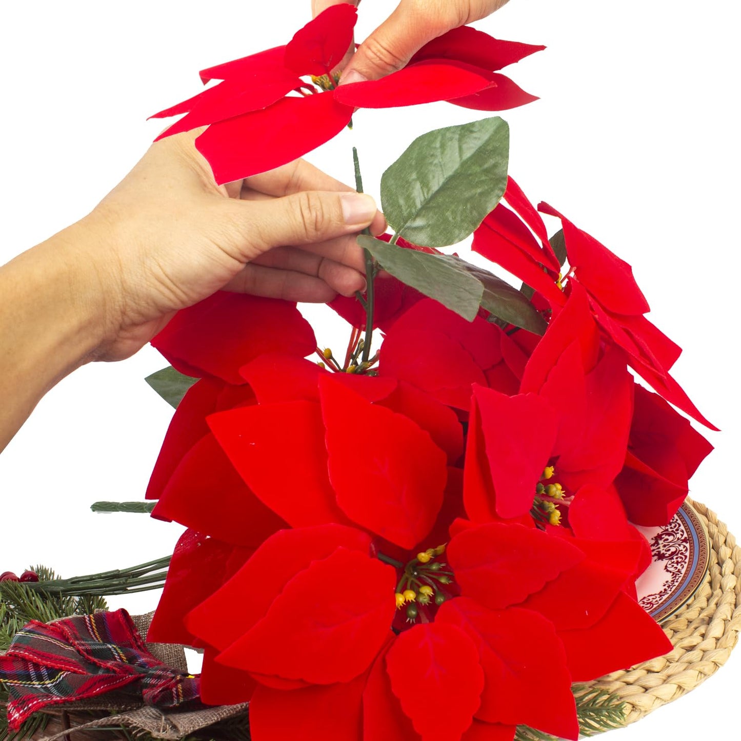 Grunyia 5 Artificial Poinsettia Flowers Bouquet Christmas 7 Heads 19.6”Faux Red Poinsettia Bush Fake Flowers for Home Porch Xmas Tree Garden Indoor Outdoor Office Christmas Decorations