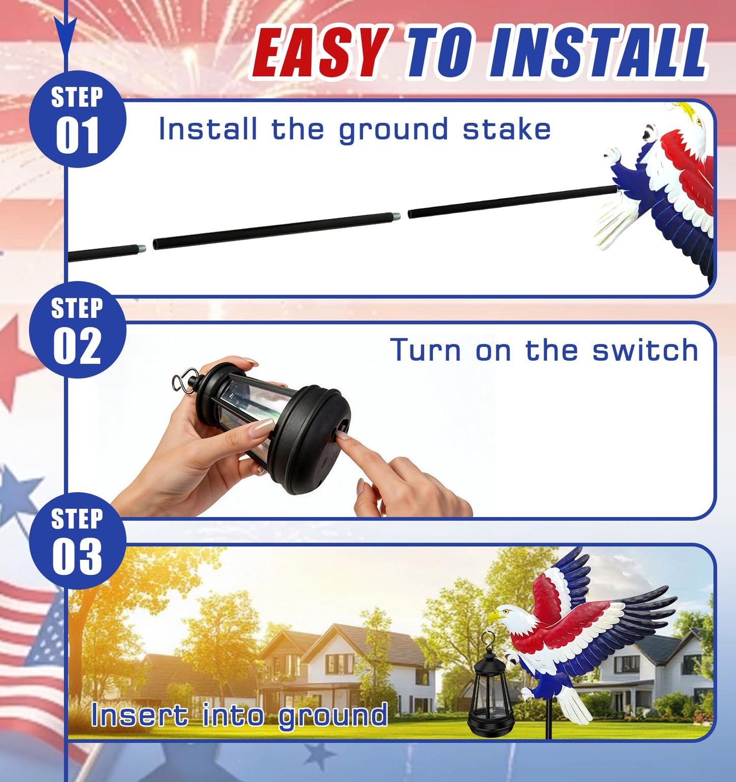250th Anniversary America Eagle Garden Stake 4th of July Decorations Outdoor Patriotic Independence Memorial Day,29.9in Metal Eagle with Solar Lights,Decorative Garden Stakes for Yard Art Patio Porch