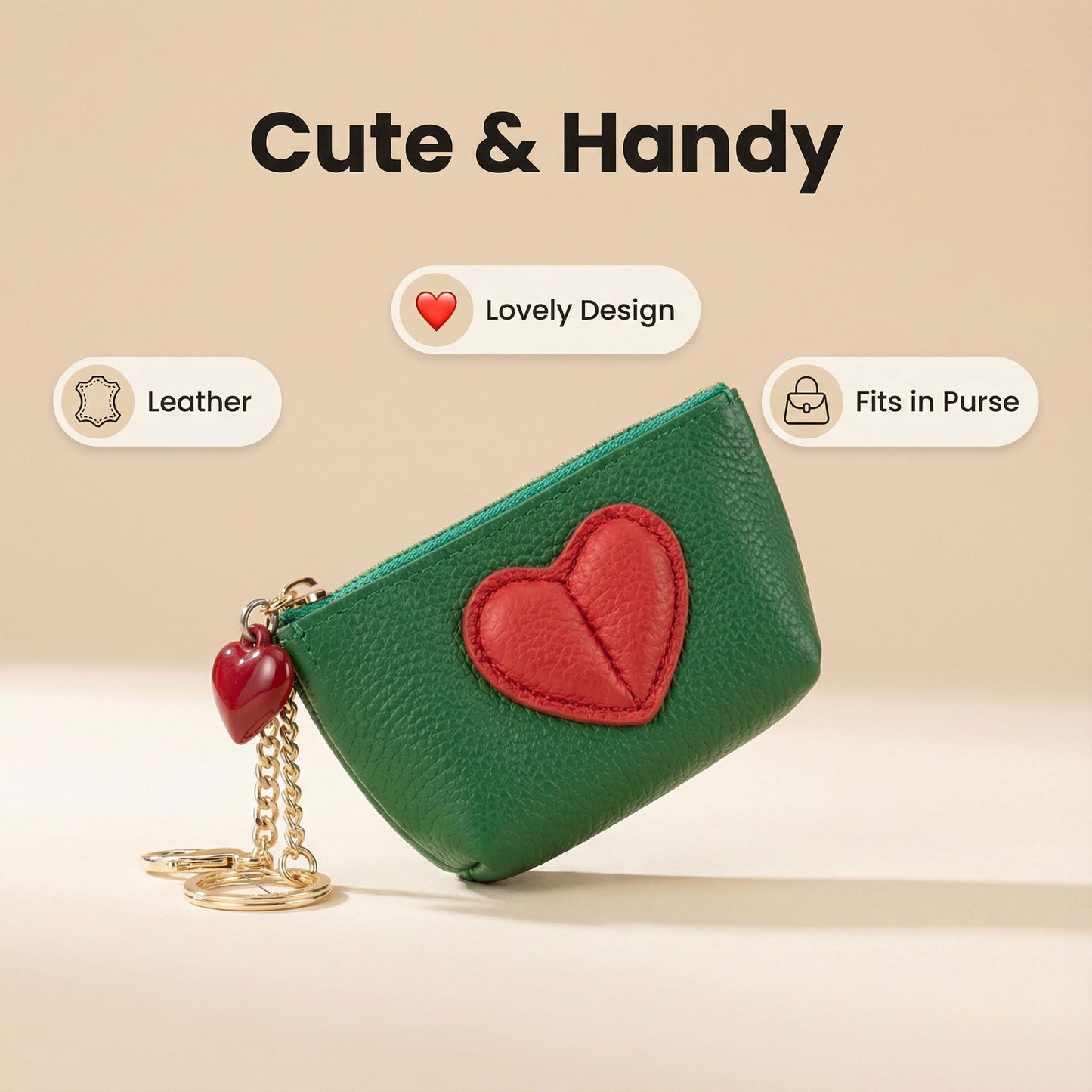 Red Heart Design Small Coin Purse - Cute Compact Keychain Change Purse Soft Leather Wallet with Zipper for Women (Green)