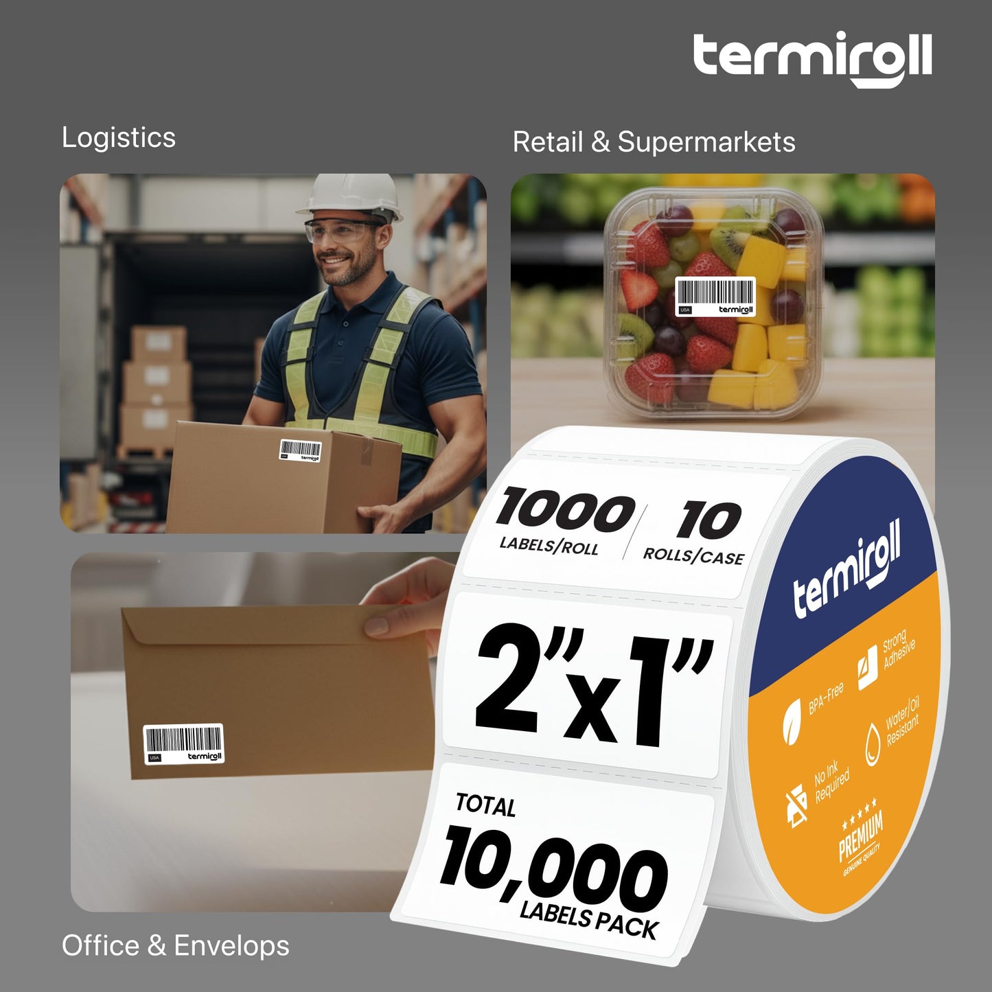 Termiroll 2x1 Thermal Labels – 10,000 Barcode & Address Labels/10 Rolls for Shipping, SKU & Inventory Stickers, Compatible with Rollo, Zebra, Munbyn, iDPRT & Direct Thermal Printers
