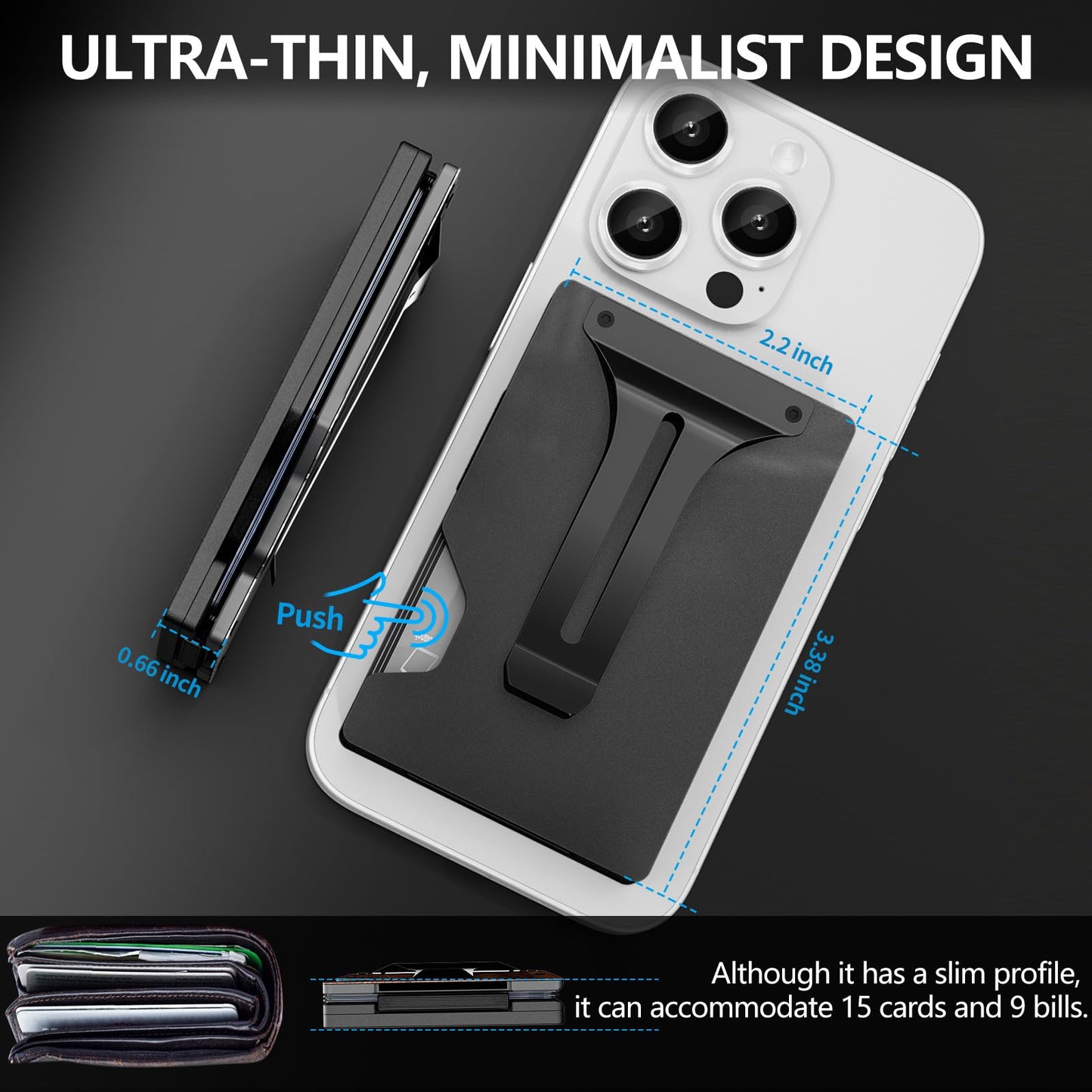 BESSIO Magnetic Phone Wallet Compatible with Apple MagSafe - Metal Card Holder with AirTag Holder, RFID Blocking & Money Clip Mag Safe Wallet for iPhone 17 16 15 14 13 12 Pro Max/Pro/Plus/Mini, Black