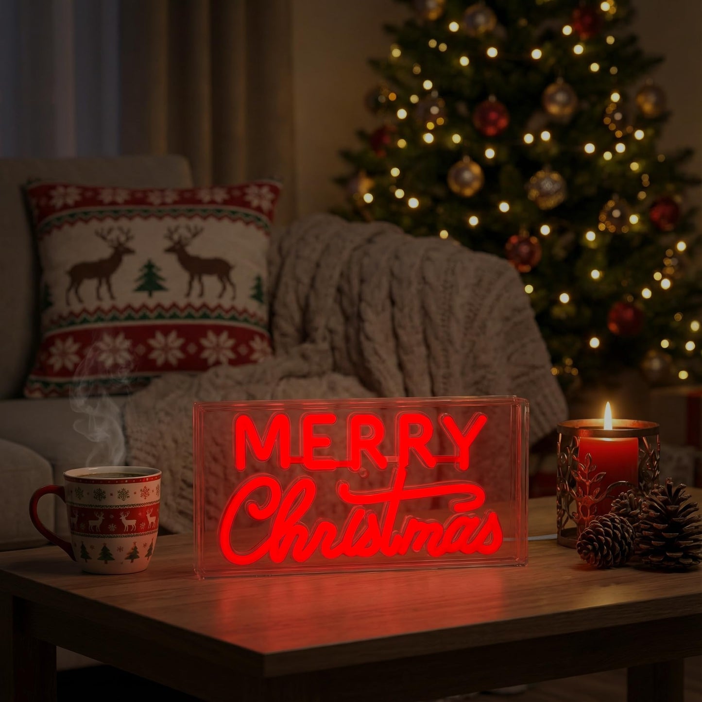 Merry Christmas Desk Lightbox,Acrylic Adjustable Brightness Neon Signs,Neon Lights for with USB Powered for Bedroom Xmas Eve Pub Club New Year Decor(Red)
