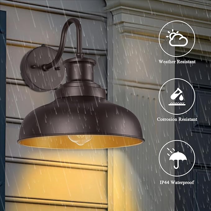 Dusk to Dawn Outdoor Gooseneck Barn Light Outdoor Wall Sconce Farmhouse Exterior Wall Mount Lights Vintage Outside Lighting Fixture Industrial Bronze Lantern for Porch Garage Shed Patio, 1 Pack