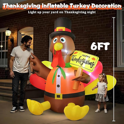 FunFanso 6 FT Thanksgiving Inflatable Turkey Outdoor Decoration, Blow Up Turkey with Pilgrim Hat and Colorful Tail, Holding Happy Thanksgiving Sign, Built-in LED Light for Autumn Holiday Harvest Party