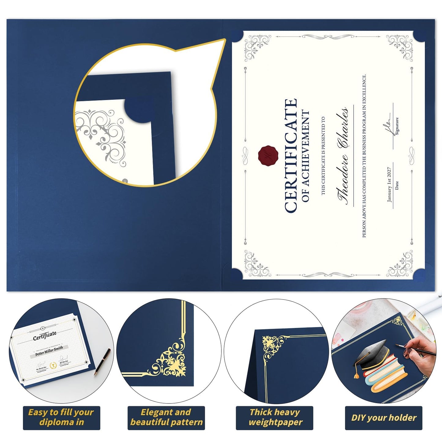 50 Pcs Certificate Holders Bulk, Navy Blue Diploma Covers Gold Foil Border, Document Covers for Letter Size 8.5x11 Award Certificates, Cardstock, Document Papers, Graduation