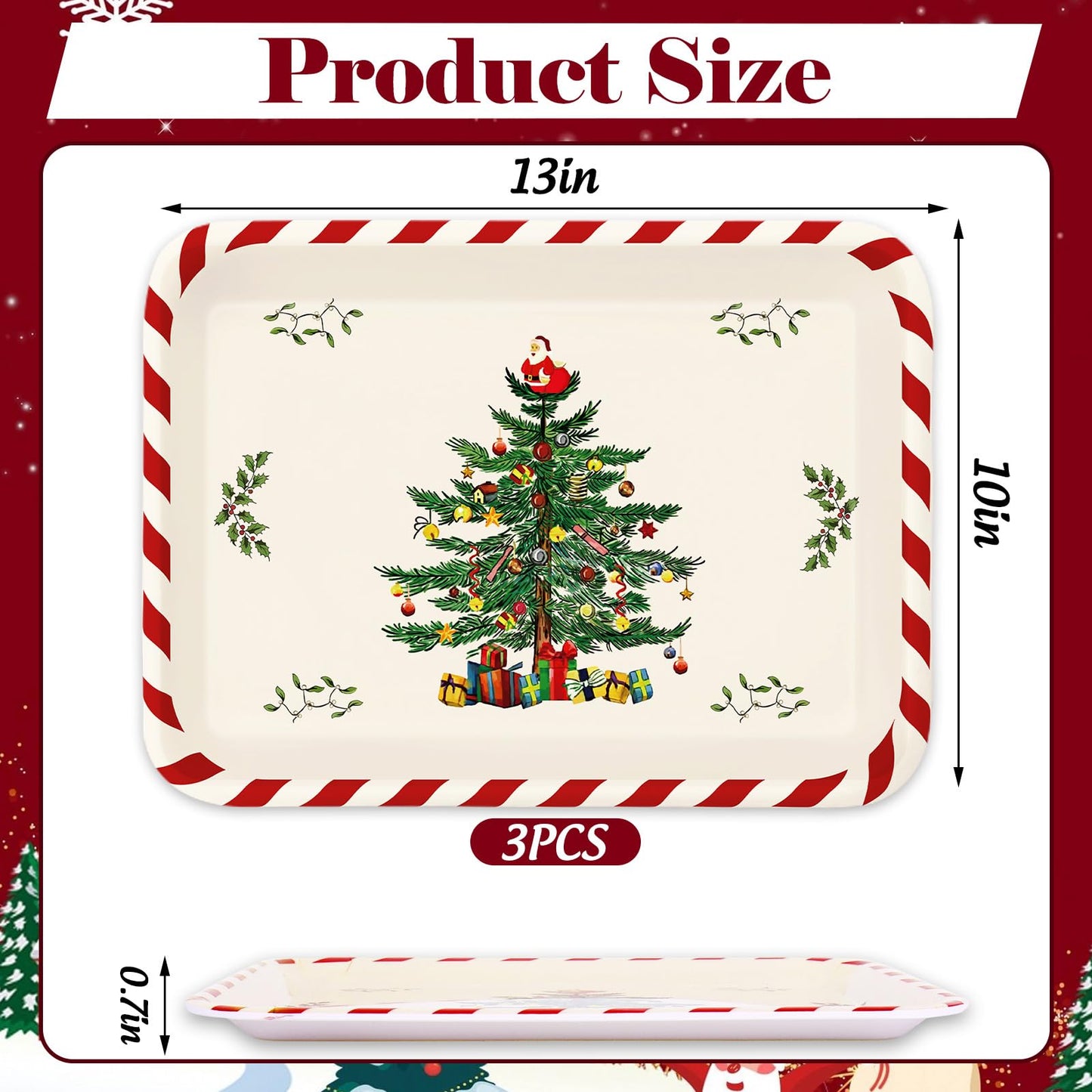 Whaline 3 Pcs Christmas Serving Trays Xmas Tree Plastic Serving Platters Dishes for Holiday Party Breakfast Lunch Dinner Food Snack Supplies, 10 x 13 Inch