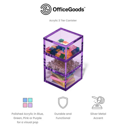 OfficeGoods 3-Tier Stackable Acrylic Holder- Stylish Desk Organizer and Storage for Office or Home – Transparent Square Design, Purple with Silver Metal Base