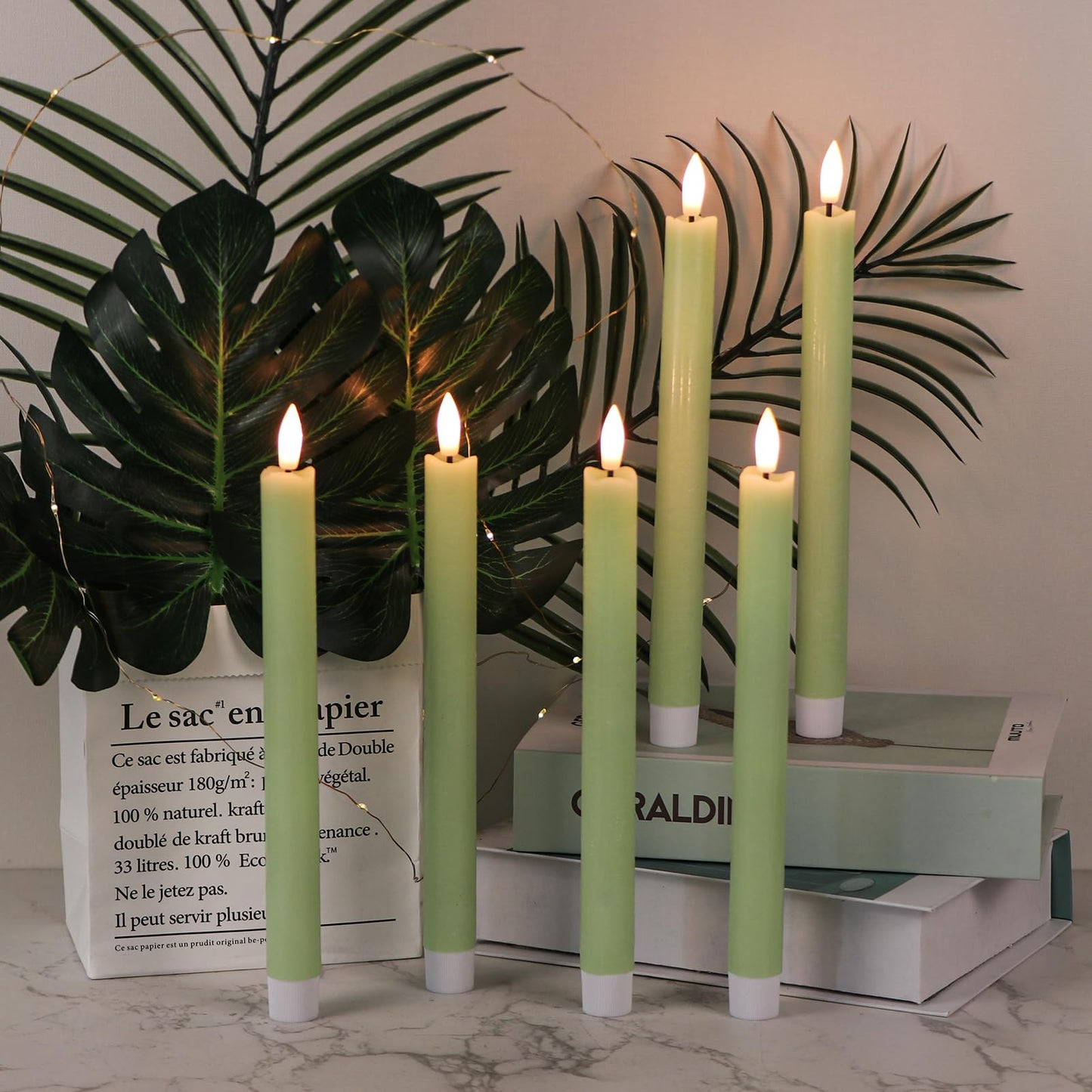 GenSwin Flameless Green Taper Candles Flickering with 10-Key Remote, Battery Operated Led Warm 3D Wick Light Window Candles Real Wax Pack of 6, Christmas Home Wedding Decor(0.78 X 9.64 Inch)