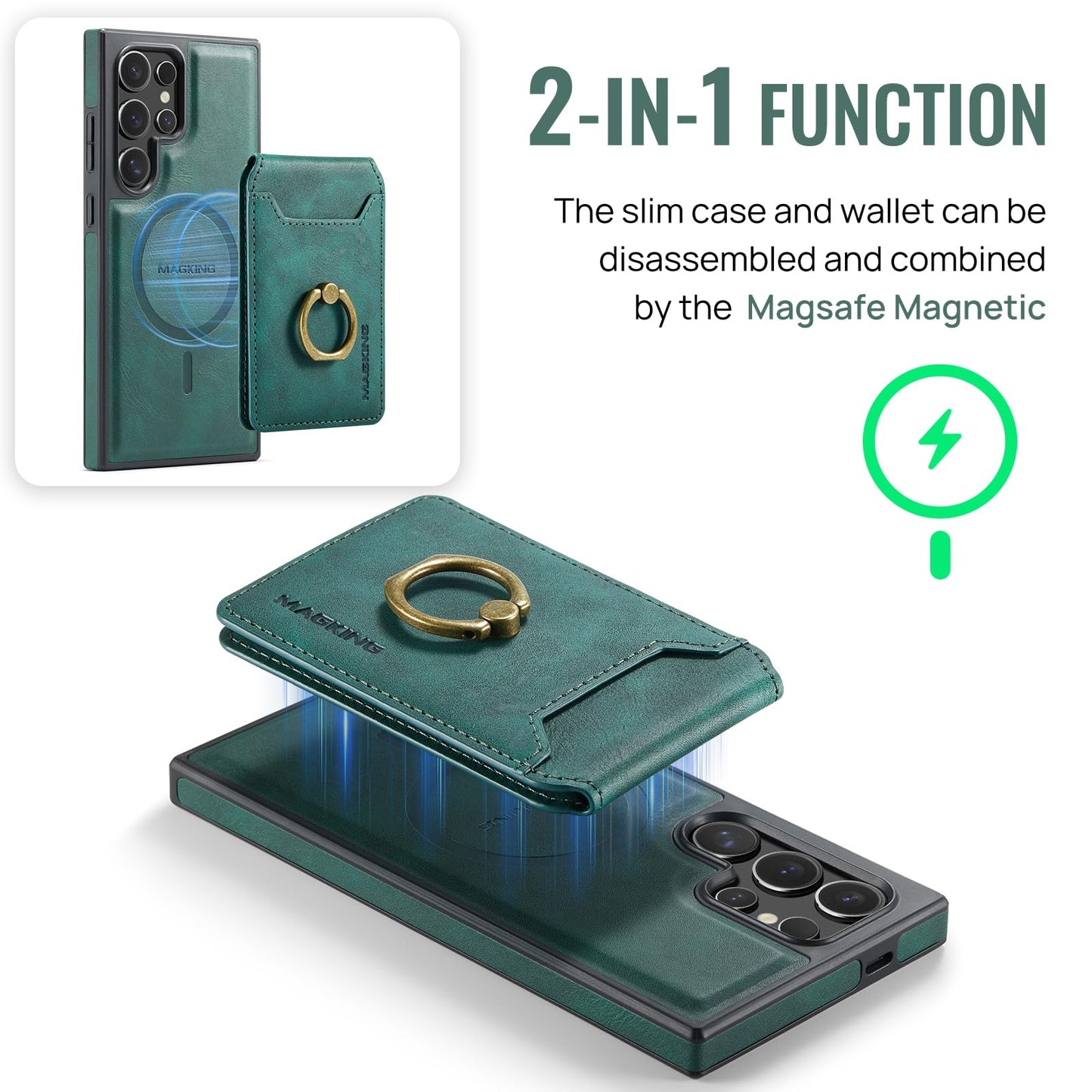 Konstreet for Samsung Galaxy S26 Ultra 2 in 1 Detachable Card Bag Wallet Case Durable Leather Wallets Magnetic Card Holder 4 Card Slots Ring Stand RFID Blocking Green