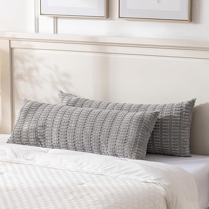 Fancy Homi Gray Long Lumbar Farmhouse Decorative Throw Pillow Covers 20x54 Inch for Bed Couch Bed Sofa, Rustic Boho Room Decor, Soft Striped Corduroy Rectangle Cushion Case 50x137 cm