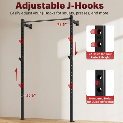 SPORTSOUL Wall Mounted Half Rack, 900lbs Squat Rack with Pull Up Bar for Home Gym, Space-Saving 2"x2" Pull-Up Station with Adjustable J-Hooks for Garage & Apartment (Black)