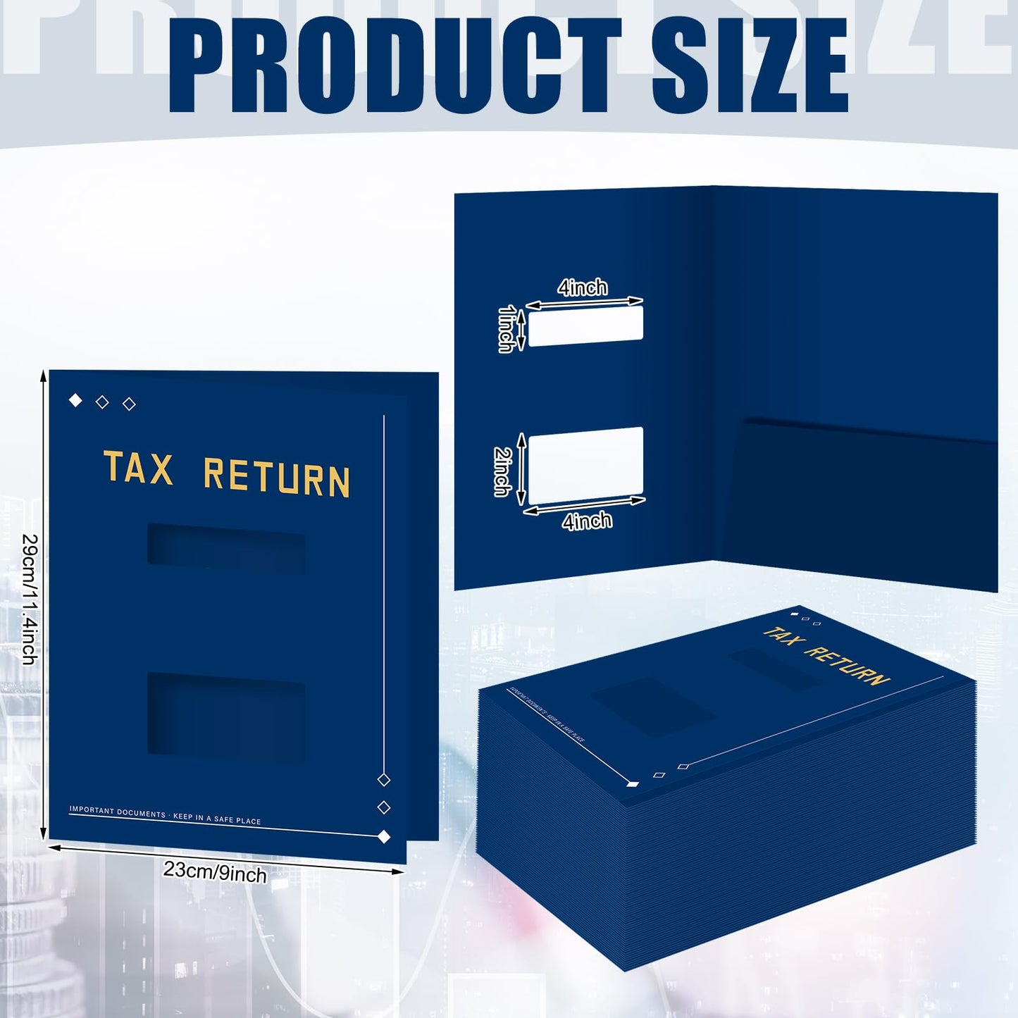 Mooliwe 100 Pcs Blue Tax Return Folders Bulk 9 x 11.25 Inches Income Tax Organizer with Side Staples Double Windows Paper File Pocket Document Folders for Accountants Business Office Supply