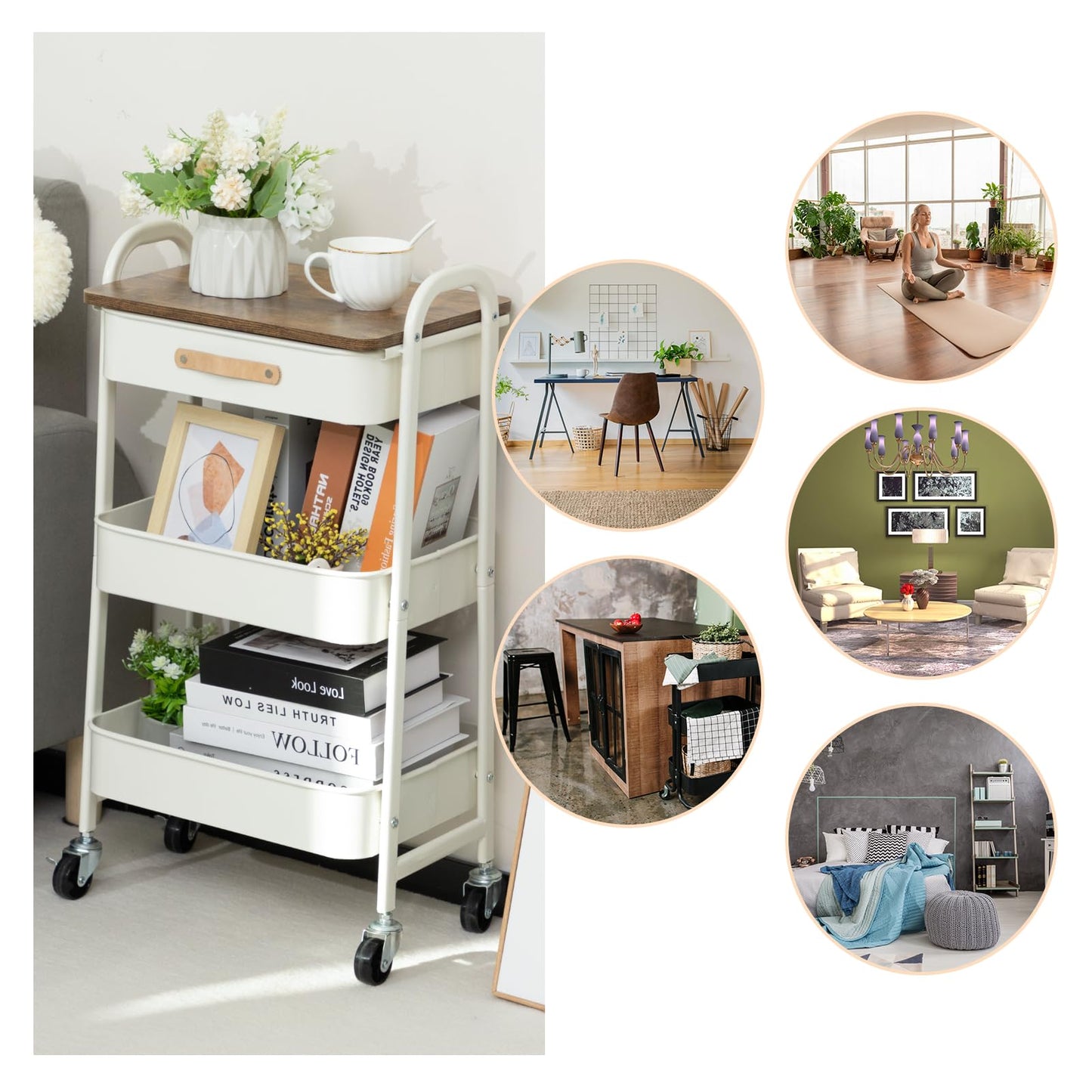 AGTEK 3 Tier Rolling Utility Cart Organizer with Drawer, Metal Craft Cart with Wheels for Bathroom, Kitchen, Office, Nursery Diaper, White