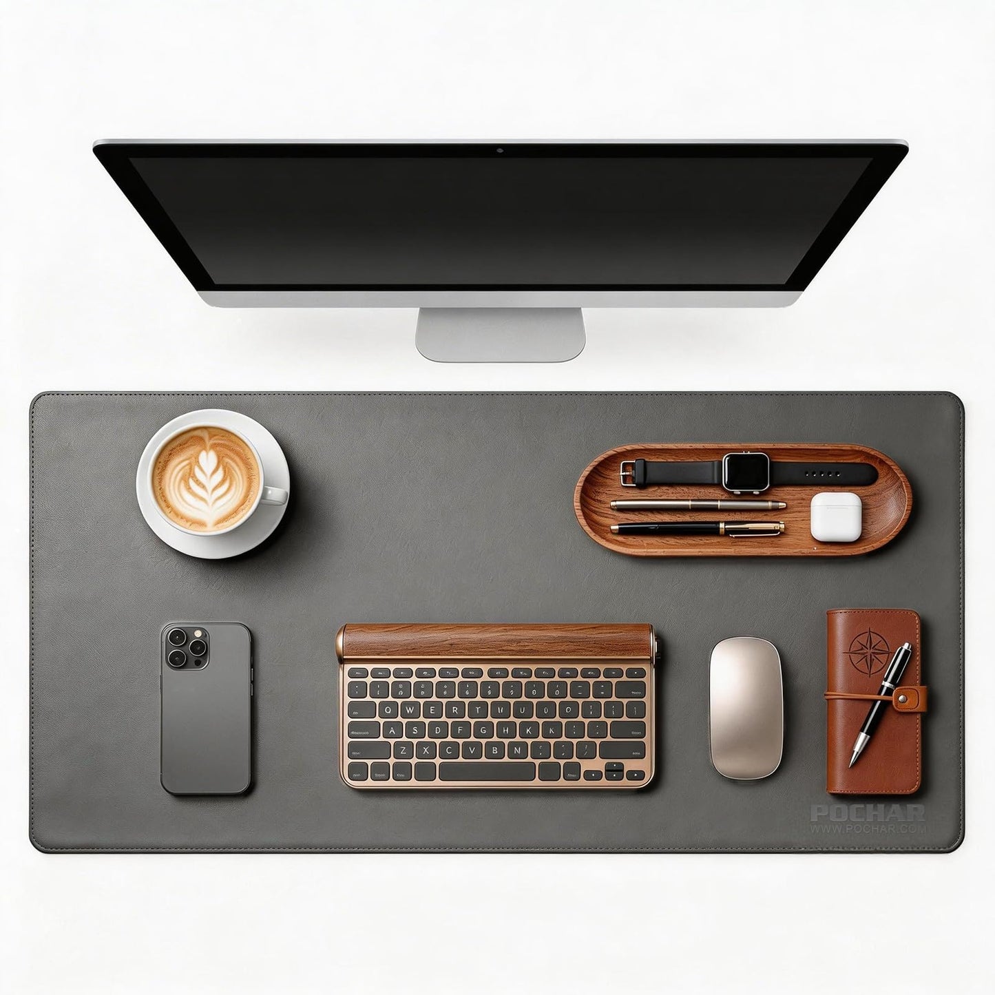POCHAR Vegan Leather Desk Mat 31" x 16" - Office Desk Pad Protector for Desktop - Non-Slip PU Leather Dual-Sided Desk Blotter for Laptop Mouse Keyboard - Waterproof Writing Signing Pad, Gray