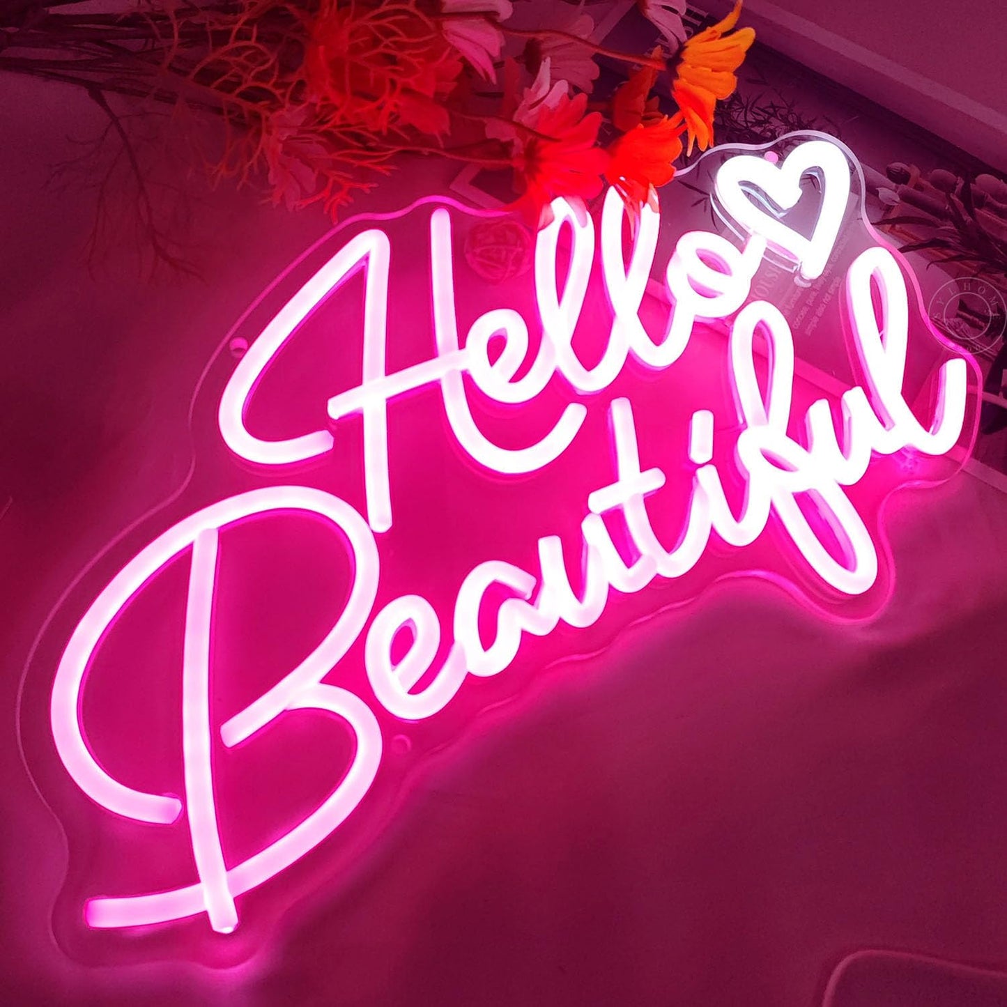 SYLHOME Hello Beautiful Led Neon Light Sign Pink Heart Hello Gorgeous Bedroom Wedding Birthday Party Decor USB Bacelorette Christmas Valentines Day Decoration 15.75"X8.7"