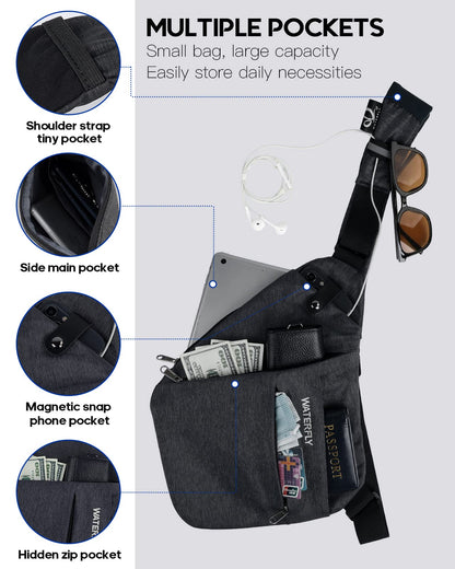 WATERFLY Sling Crossbody Chest Bag: Slim Anti-Theft Cross Body Bag Over Shoulder Backpack Stealth Side Pack Man Woman