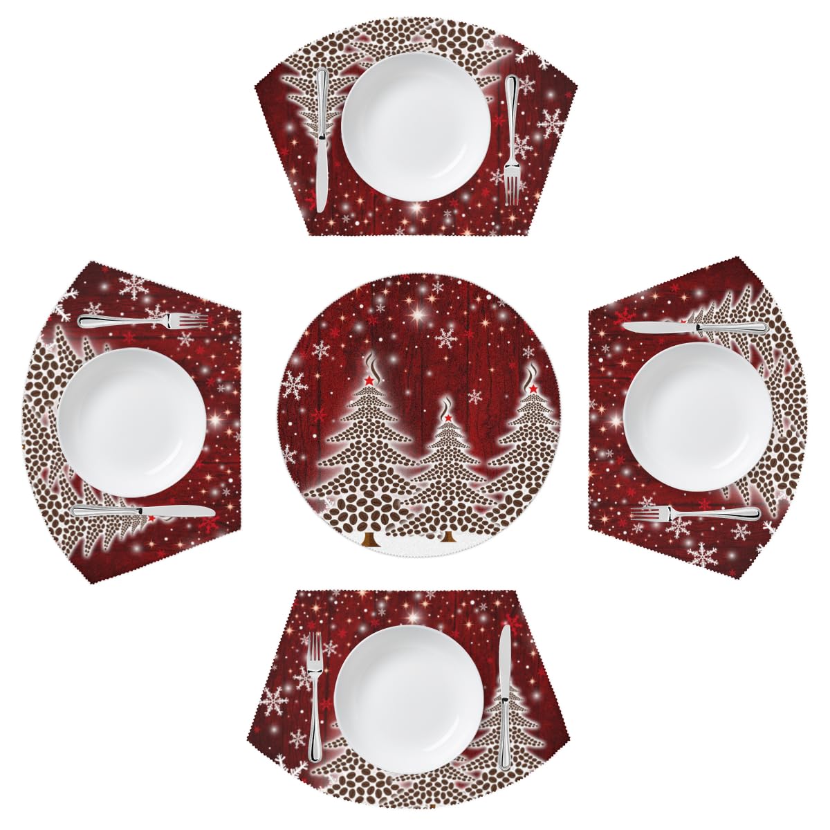 DJYQBFA Christmas Round Table Placemat Set of 4 Wedge Placemat Centerpiece, Xmas Snowflakes Heat Resistant Red Table Mat for Kitchen Table Decor Holiday Party, 5 Pcs