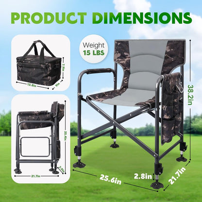 FUNHORUN Fishing Chair with Rod Holder, Folding Heavy Duty Ice Fishing Camping Chair with Liftable Cooler Bag, Cup Holder, Adjustable Legs