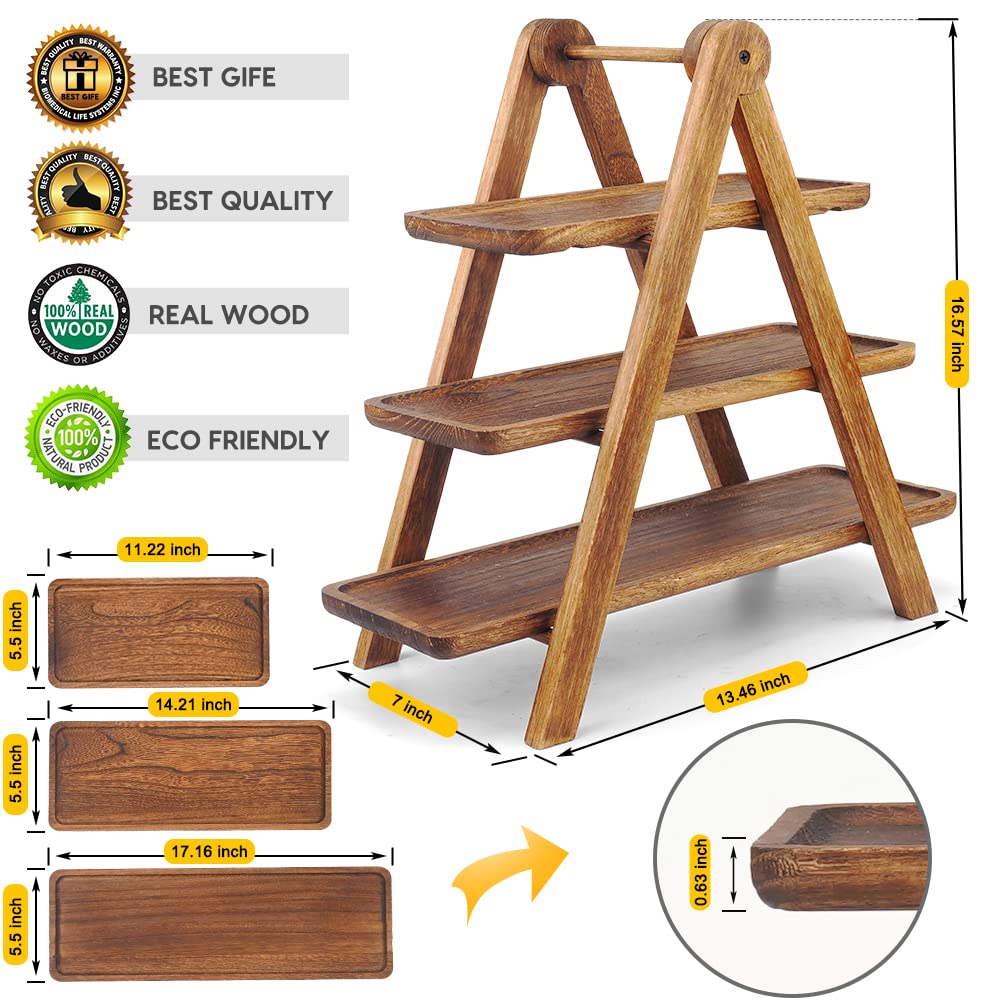 Manspdier Extra Large Wood 3 Tier Serving Tray Three Tiered Cupcake Stand, Rectangle Serving Platter Wooden Farmhouse Tiered Tray, Party Serving Brown Decorative Tray Decor