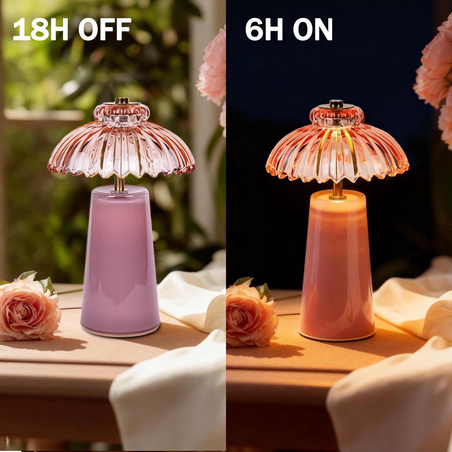 MJ PREMIER Cordless Lamp, Battery Operated Lamp with Timer, Crystal Glass Flower Lampshade, Small Table Lamps, Decorative Led Light for Bedroom Living Room Shelf (L-Pink)