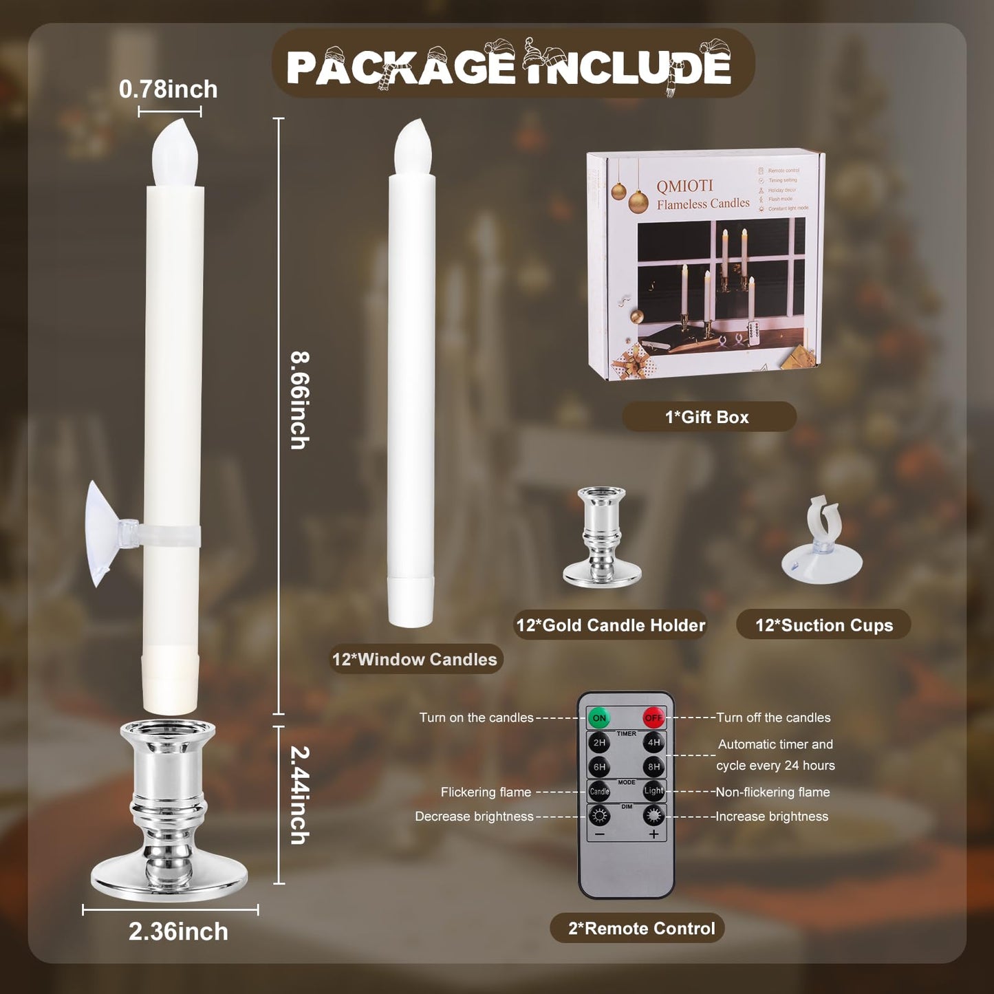 Qmioti 12 Pack Christmas Window Candles, Battery Operated Window Candles with Timer Remote, LED Window Candle with Candle Holders Suction Cups for Christmas Decorations, Silver