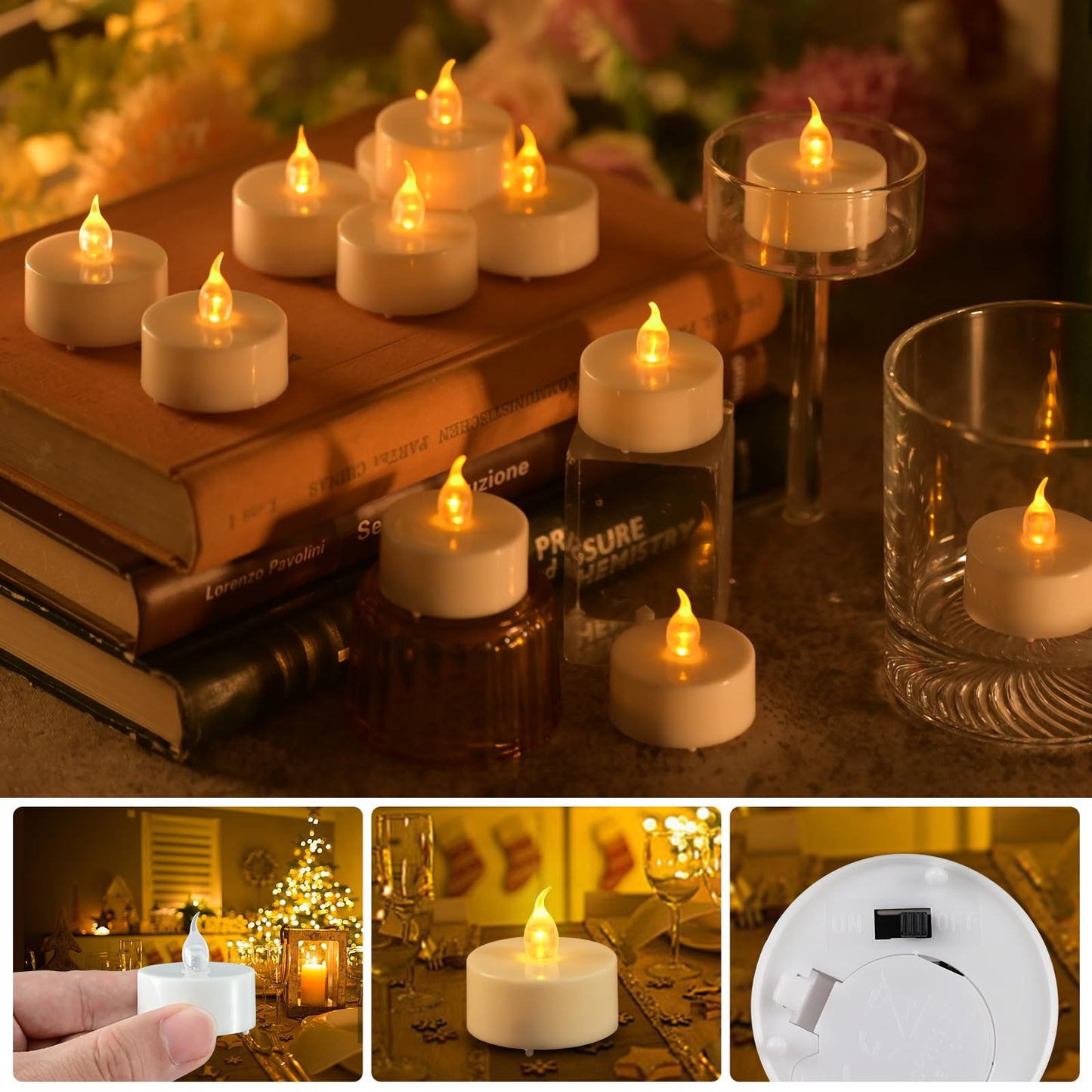 JOSU 24PCS Flameless Tea Lights Candles with Remote Timer, Led Battery Operated Electric Votive Candle for Wedding Centerpiece Table Decorations, Flickering Tealight Candles for Halloween Party Decor