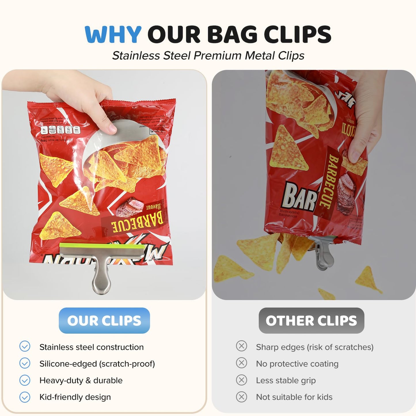 HOUSE AGAIN 8 Pack Stainless Steel Magnetic Chip Bag Clips Covered with Silicone - NO More Sharp Edges - Color Coded for Food Bags - Hang Postcards Heavy Duty for Kitchen and Office, 3 Inches Wide