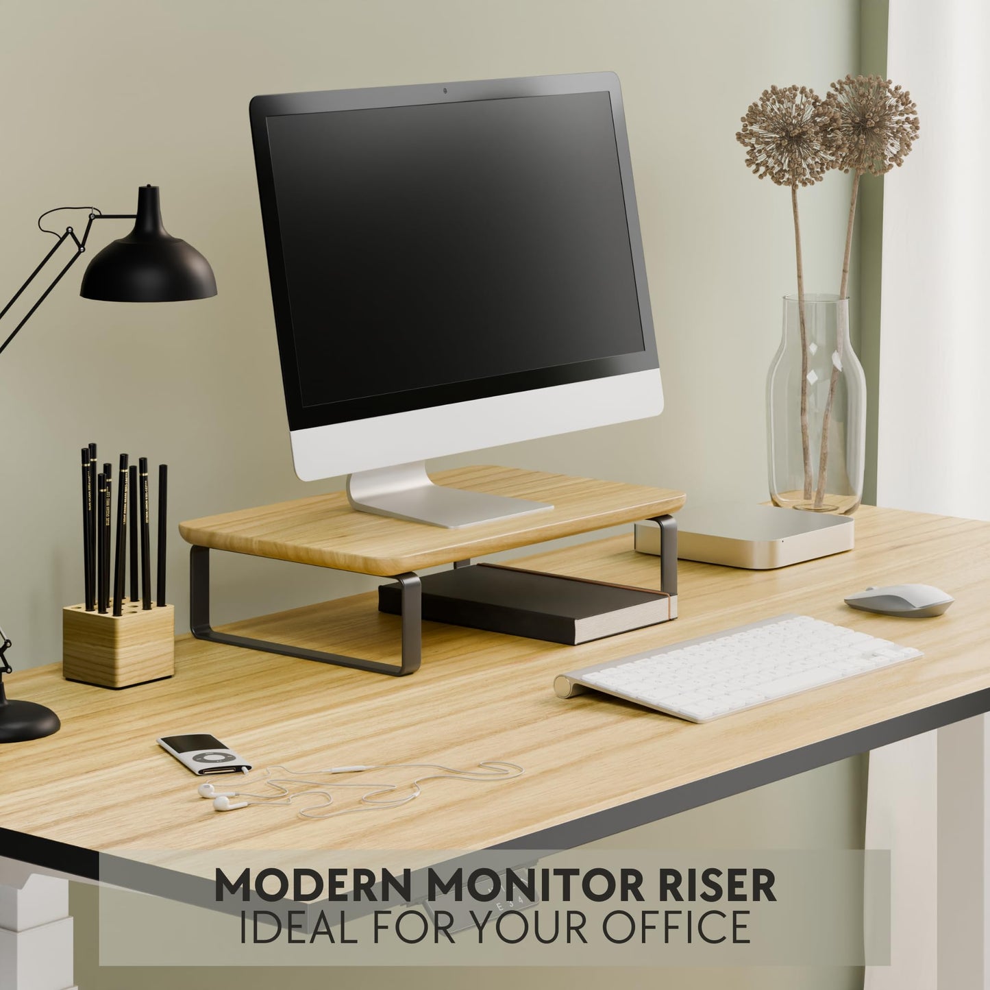 Beautiful Wooden Monitor Stand for Desk - Sturdy Stand Rises Your Monitor to the Perfect Ergonomic Level - Sleek and Functional Computer/Laptop Rack Design Elevates Any Workspace & Maximizes Space