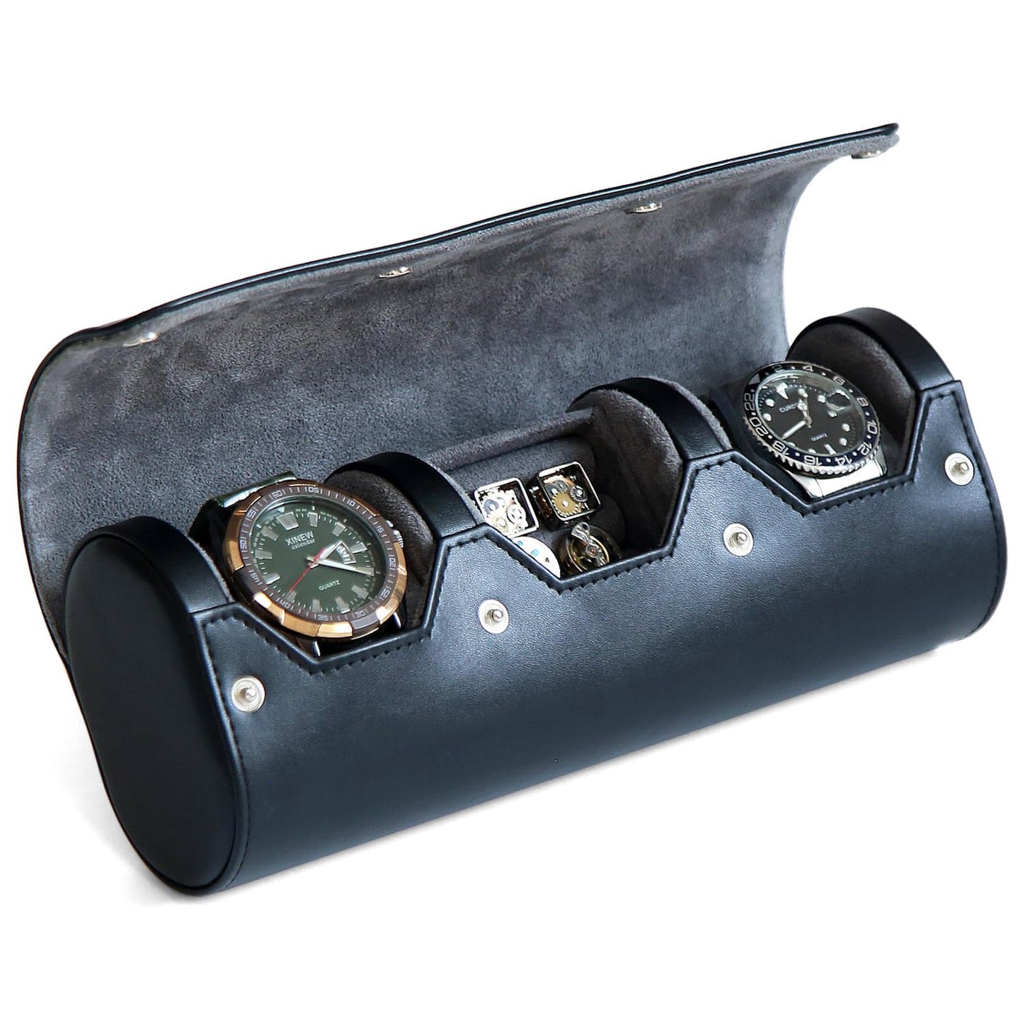 Bonaking Travel Case for Watch and Cufflinks - PU Leather Organizer, Men's Storage Box, Portable Roll Set for 2 Watches - Gift