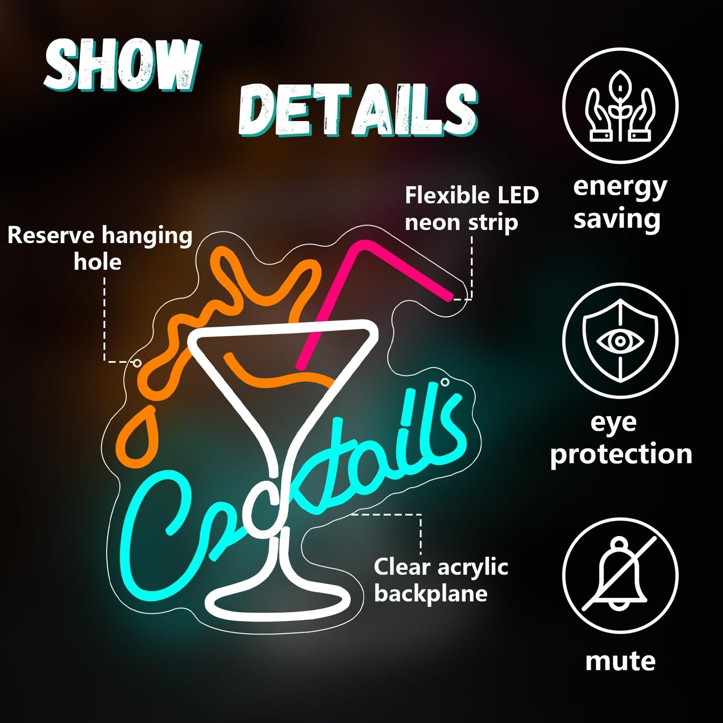 Cocktails Bar Neon Sign for Wall Decor, Led Cocktail Sign Glass Shaped USB Powered Neon Lights for Home Bar Man Cave Pub Cafe Beer Shop Art Wall Decoration