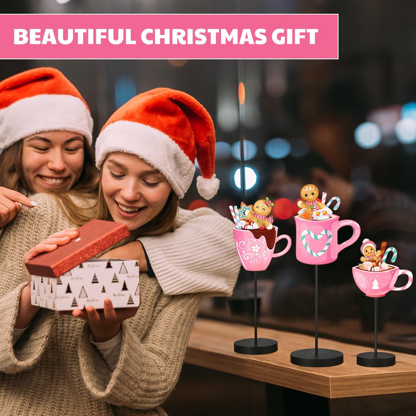 Kathfly 3 Pcs Pink Gingerbread Christmas Table Decor Wooden Gingerbread Man Table Centerpieces Hot Cocoa Bar Tabletop Sign for Christmas Coffee Home Winter Holiday Party Decorations