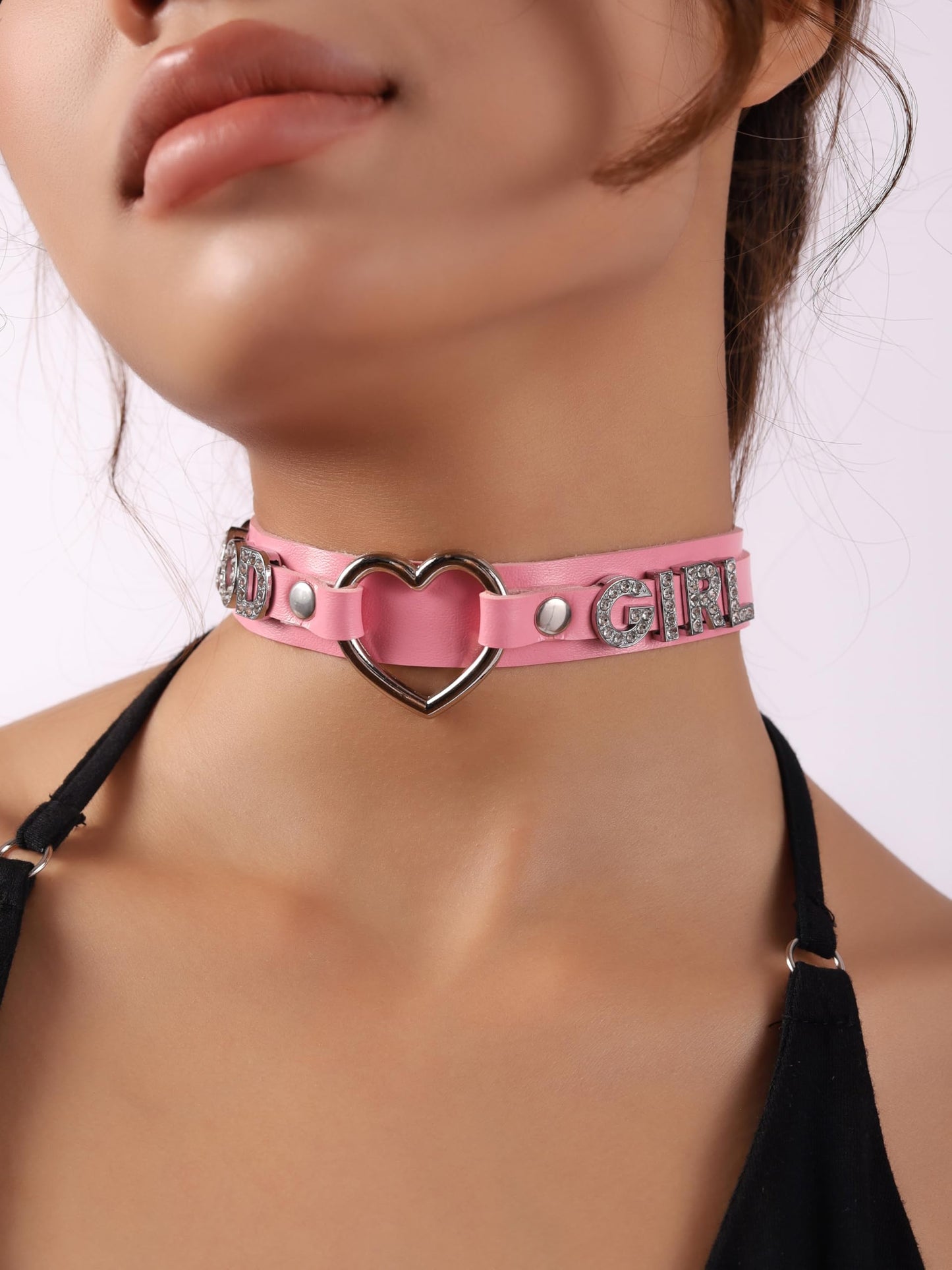 Sacina Gothic Punk Heart Letter Choker, Pink Choker, PU Leather Chocker Collar, Gothic Goth Necklace, Halloween Jewelry Gift for Women