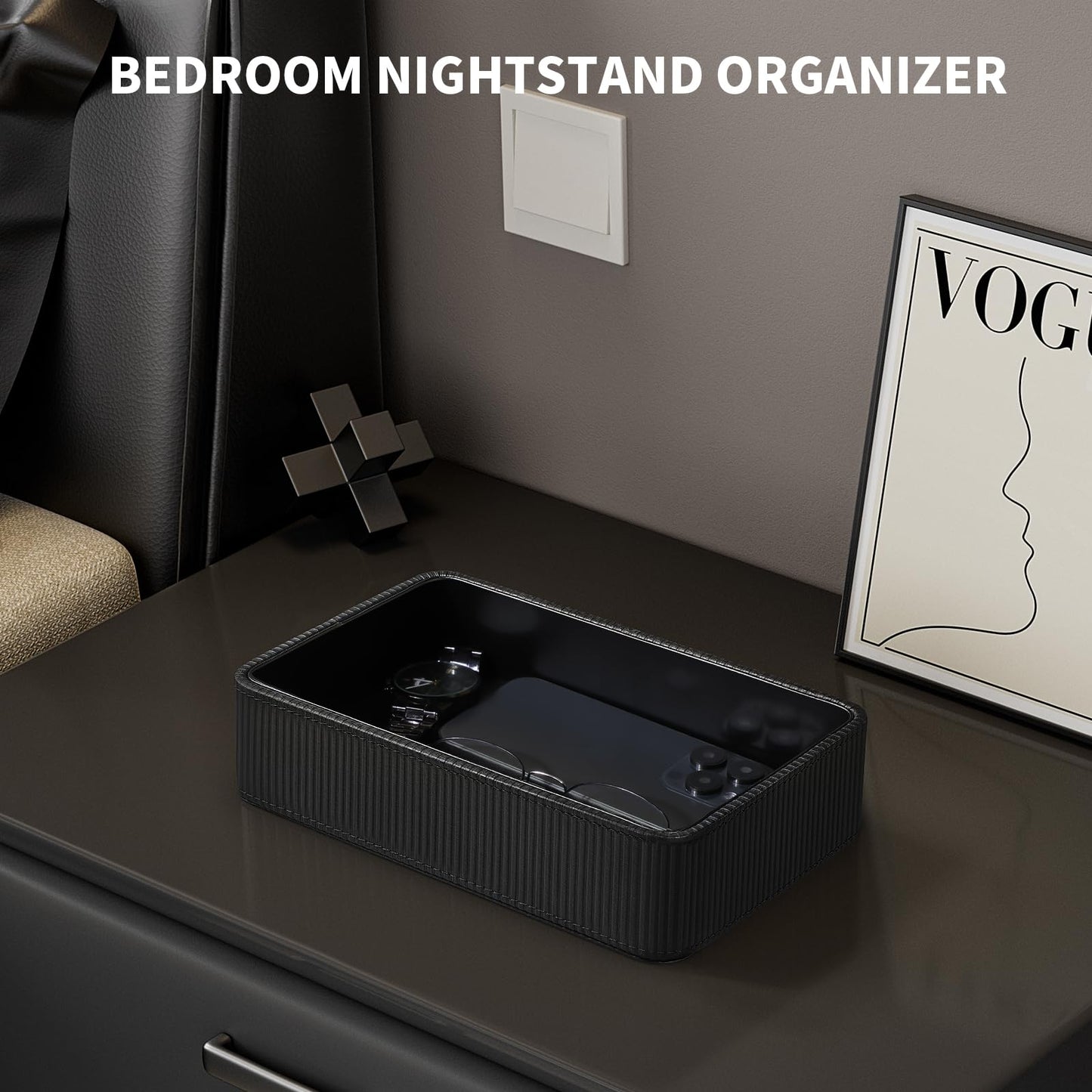 Cretkhp PU Leather Valet Tray Organizer, Small Nightstand Organizer Bedside Desktop Storage for Womens and Men, Perfume Trinket Catchall Vanity Tray for Key Watch Wallet (Black, Rectangular)