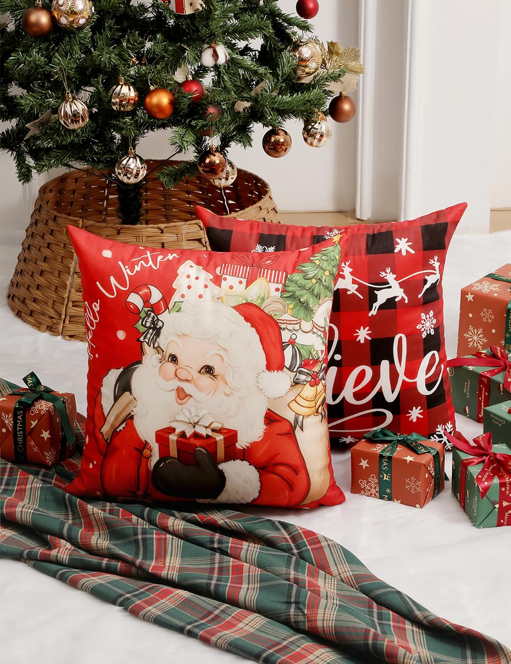 TOYPOPOR Christmas Decorations, Double Sided Throw Pillow Covers 18x18 Inches Set of 4, Christmas Tree, Snowflakes, Merry Christmas, Snowman Reindeer Cushion Case for Farmhouse Home Holiday Decor