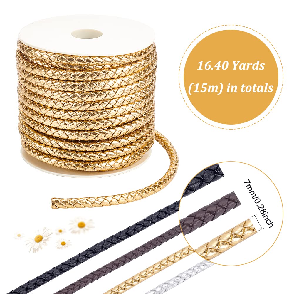 BENECREAT 16Yards Gold Round Braided Leather Cord, 7mm Wide PU Imitation Leather Beading Cord Rope for Jewelry Making, Necklaces, Bracelets, Wraps, Crafts