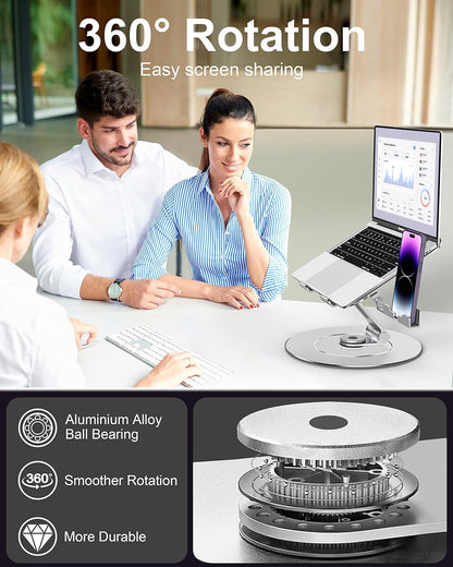 LOXP Laptop Stand with Phone Holder, Adjustable Laptop Stand with 360 Rotating Base, Aluminum Computer Mount Holder, Ergonomics Laptop Riser for Desk, Fits MacBook, up to 17.3" All Notebooks Silver