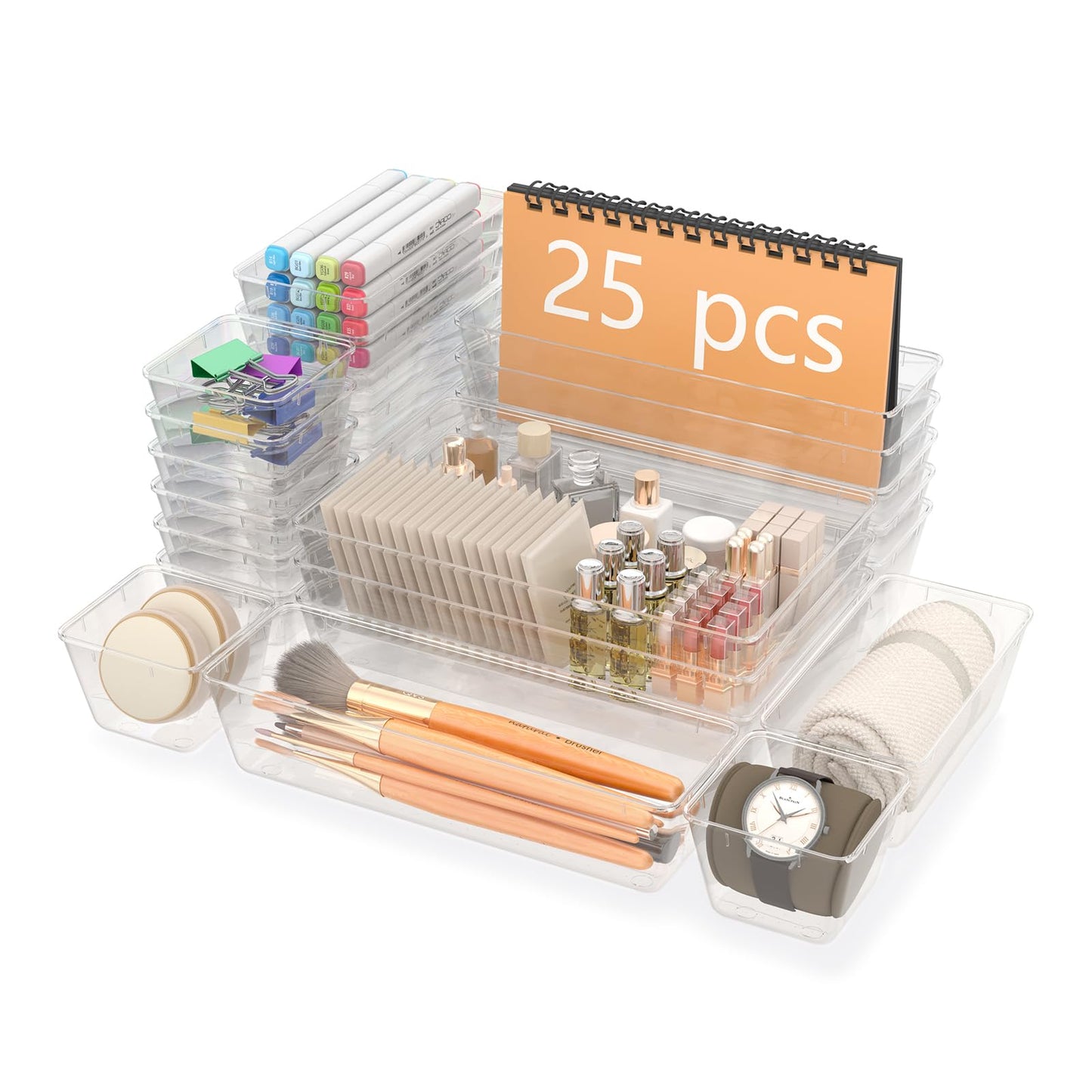 Yanosaku 25 PCS Clear Plastic Drawer Organizer Set, 4 Sizes Vanity Organizers, Desk Drawer Divider Organizers and Storage Bins for Makeup, Jewelry, Gadgets for Kitchen, Bathroom, Office