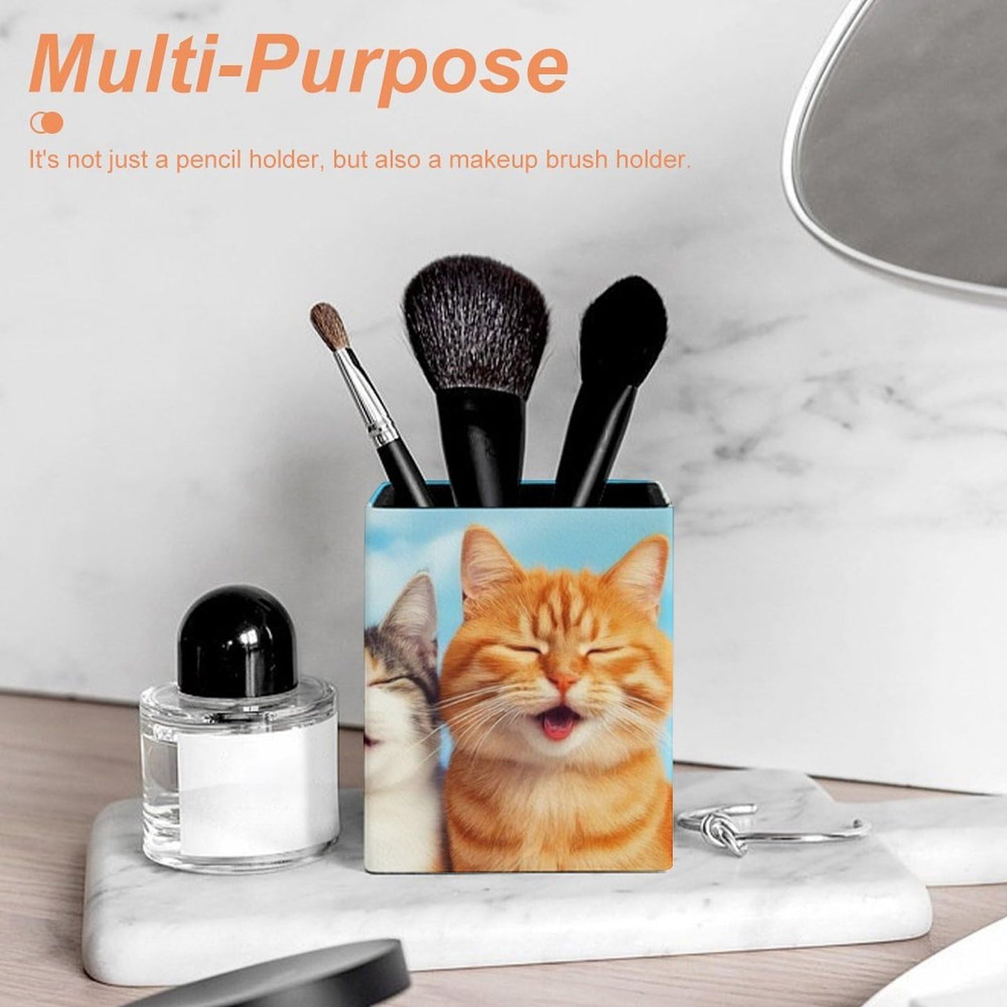 UTRSIFB Holder Cup Makeup Brush Storage Organizer, Waterproof Multifunctional Office Supplies, Pen Holder Square Leather Pencil Cute Cats
